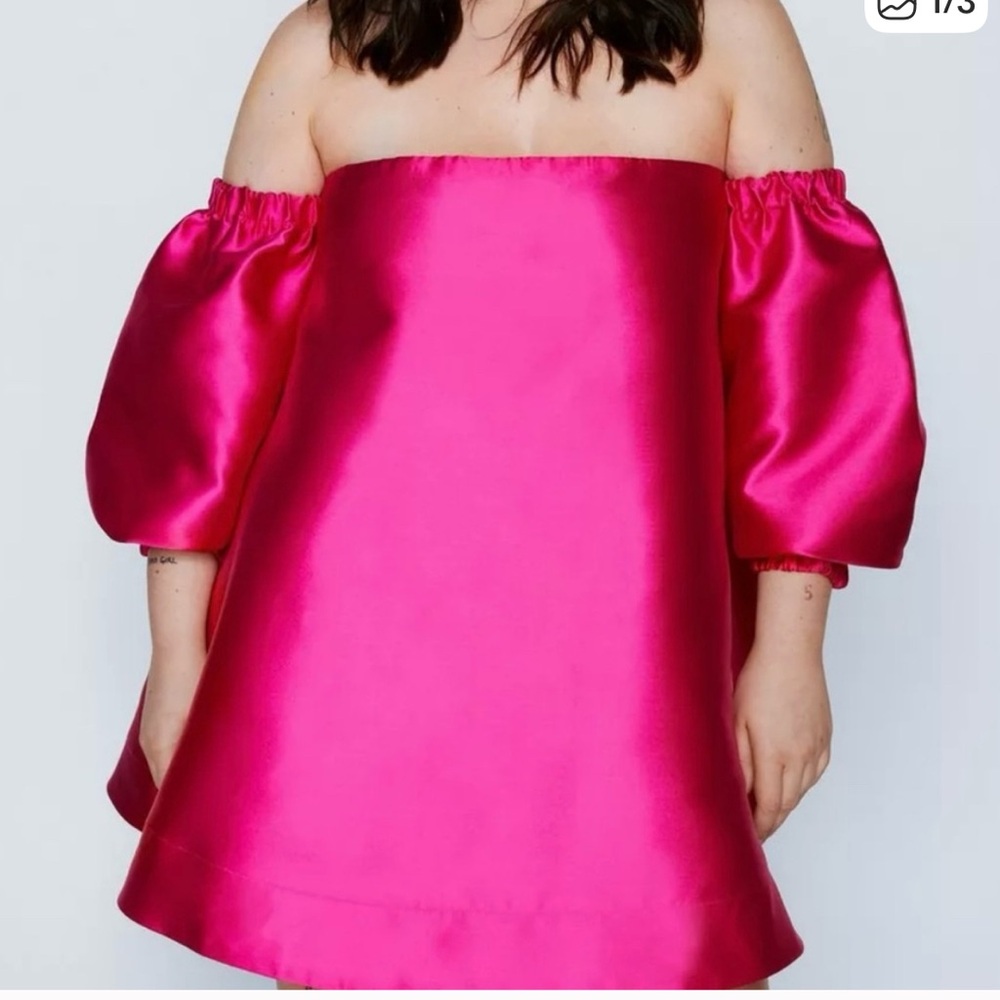 Nasty Gal Pink Off-Shoulder Dress with Black and White Checkered Skirt - Picture 2 of 3